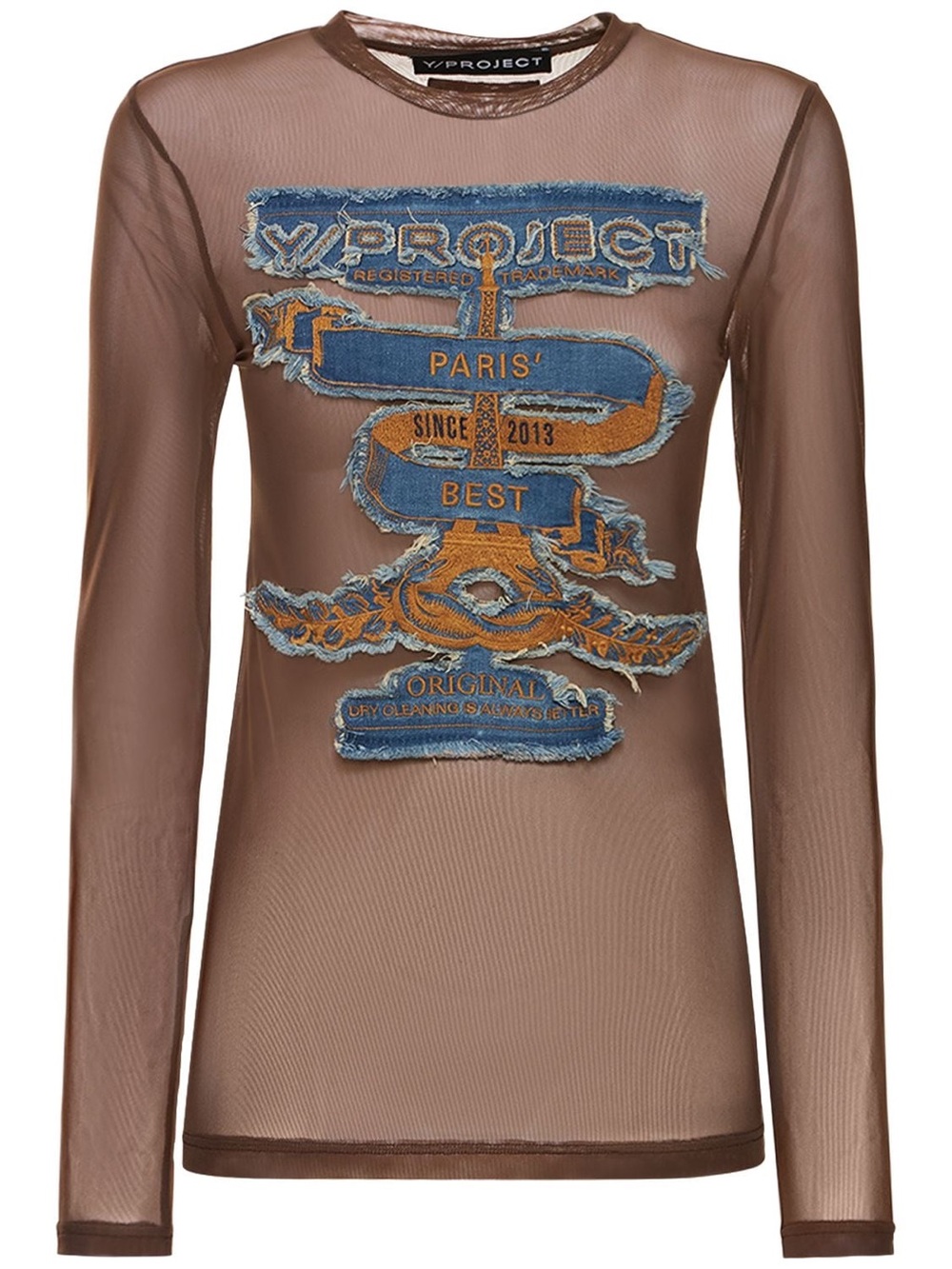 Y/Project Brown Sheer Mesh Long-Sleeve Top with Blue & Orange Patch